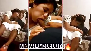 schoolgirl gives deep blowjob in front of the mirror