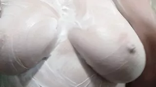 Big beautiful natural tits. Playing with my big boobs in the bathroom