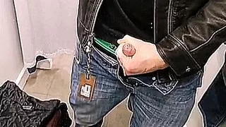 Leather Jacket wank and cum in store changing rooms.