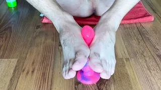 Footjob!  Gay twink jerking off huge Bad Dragon dildo