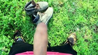 Uncut cock piss with erection and cumshot on used boots POV Outdoor