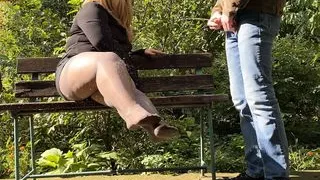 Extreme piss on MILF's legs in pantyhose outdoors