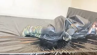 Fejira com Heavy rubber and pvc bodysuit chain bondage