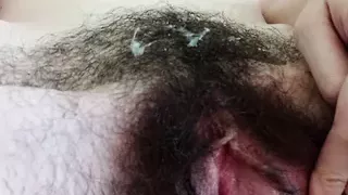 Big cum on belly, big cum shot, after sex, cum on hairy pussy