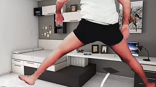 Springen in Nylon und in kurzen heißen Shorts meiner Stiefschwester