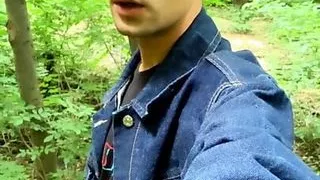 Solo jerk off in blue jeans jacket OUTDOOR
