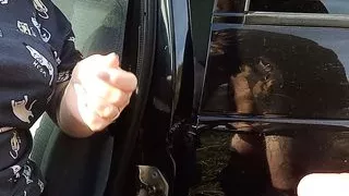 bitch sucks cock in a public place and gets a mouthful of cum