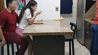 I like to eat sitting on the man's legs because it excites me that my rub the pussy