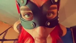 Gorgeous juicy blowjob from a beautiful girl in a cat mask with green eyes who likes to get sperm in her mouth