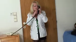 Blonde old grandma in stockings rides dick