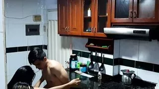 They record us while I lick my stepsister's pussy in the kitchen. Pt2. A delicious blowjob on the counter