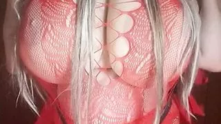 Red devil lady with strapon is giving instructions