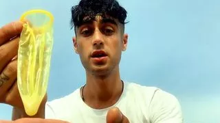 Drinking and swallowing cum of used condom from straight guy