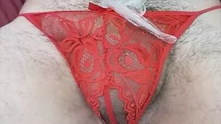 Red string fun with cum tease