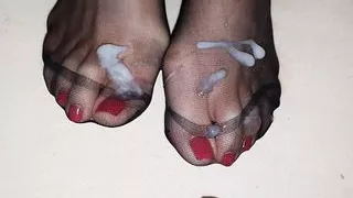 Cum on nylon red toenails