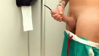 Twink cock sounding between swimming at the public toilet