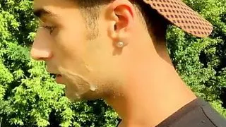 Boy walks with cum on face but he need to hide - almost caught with cum on face - cum walk