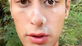 Walk and jerk off with cum on face by stranger outdoor