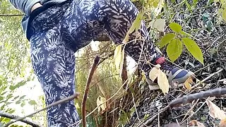 Curvy MILF with big belly and huge ass in leggings masturbates outdoors