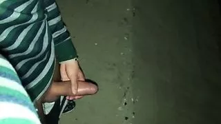 Twink pisses with erection under the bridge - uncut cock