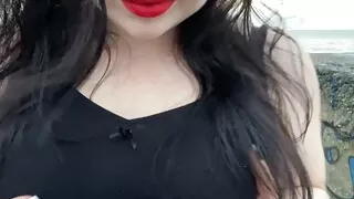 Hot Mistress Lara is touching her big tits and masturbates at public beach