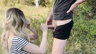Public dick flash in front of the couple of hikers. She helped me cum while he was on the phone