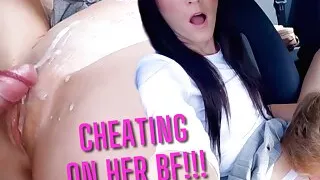 cheating boyfriend  on back seats of mr pussylicking car - pussy licking and pounding - huge cumshot