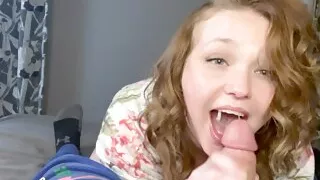 POV hot MILF gives college boy blowjob