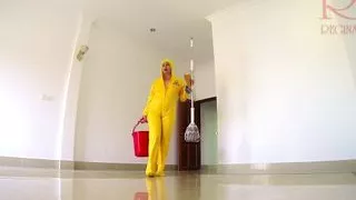 Naked maid cleans office space. Maid without panties. Office  C1