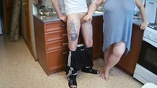 manual stimulation of my penis before cumshot in the morning in the kitchen