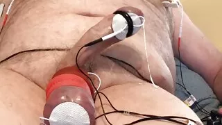 Hands Free Estim. Ballstretcher pulls everything tight for slapping punishment until I cum..