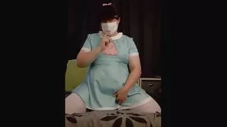 Chubby Femboy in Cute Blue Dress Masturbating and Cumming into Pantyhose