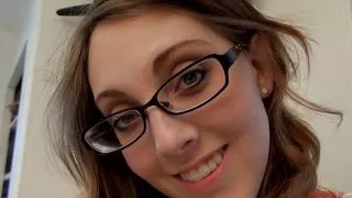 Hot brunette in glasses Nickey Huntsman fingerbangs her wet pussy moaning and orgasming